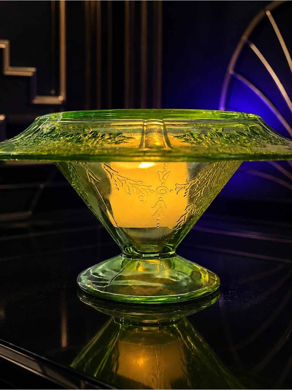 Vintage Green Uranium Glass Cup & Plate Fairy Lamp UV Reactive